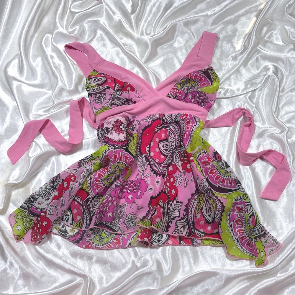 y2k No Boundaries Top Pink Excellent Paisley Babydoll Empire Waist Ruffle Hem